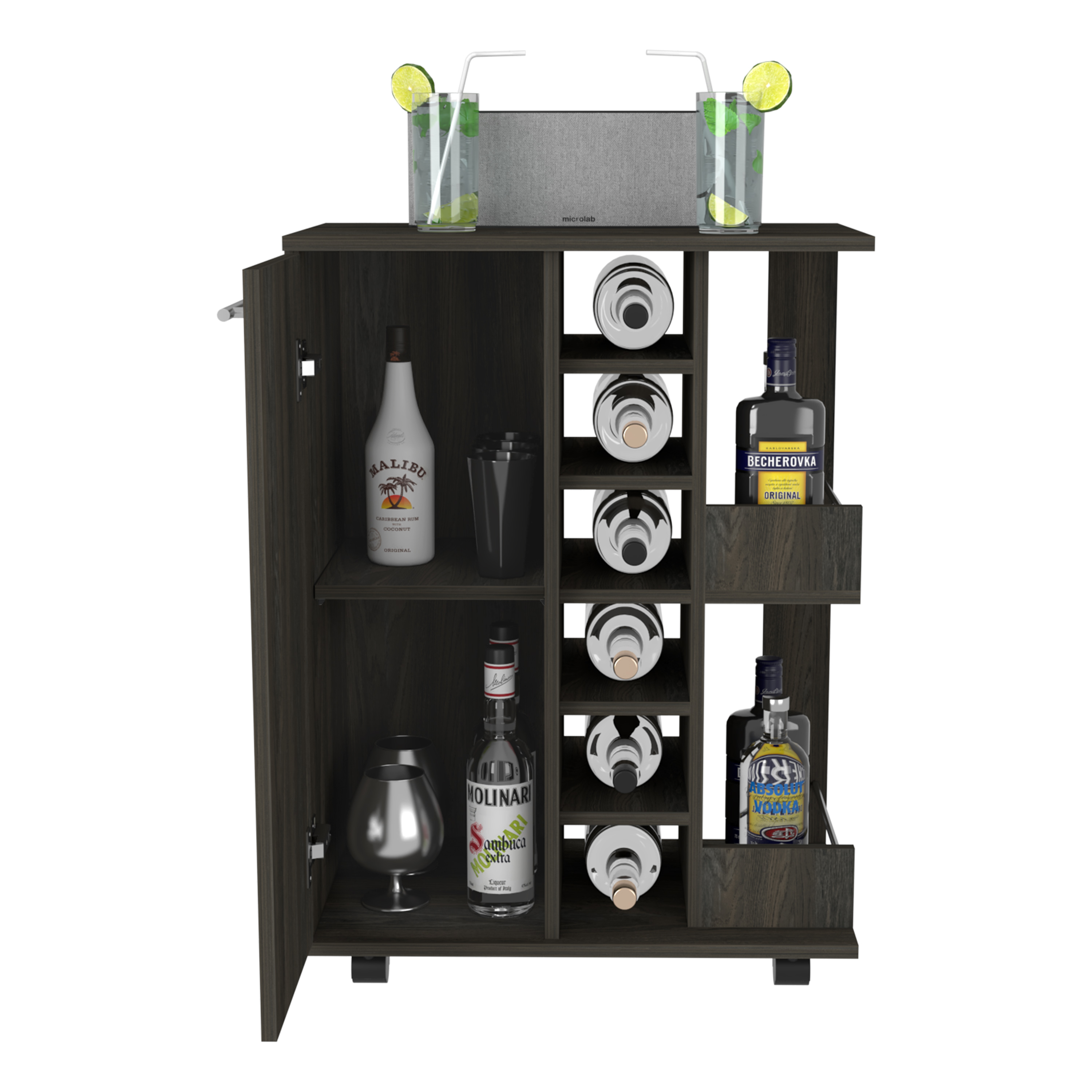 Bar Cart, Two External Shelves, Four Casters, Six Built-in Wine Rack, Single Door Cabinet -Espresso